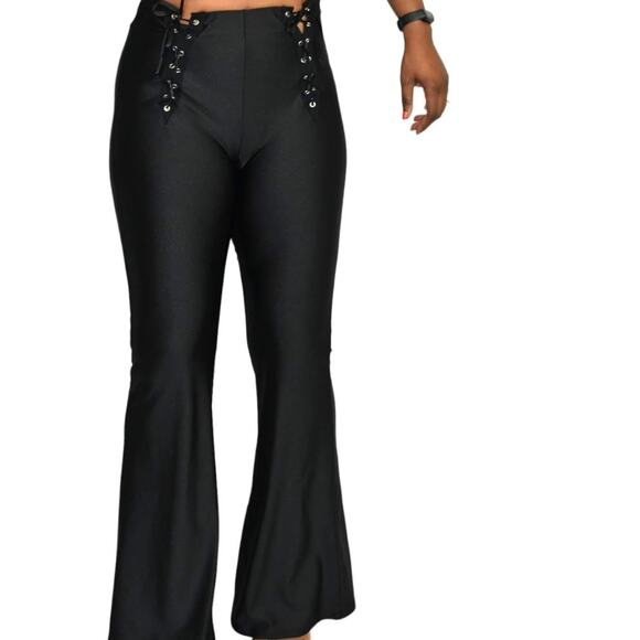 Dolls Kill Flare Pants Black Lace Up Shiny Stretch High Waist Grommet Size Small - Picture 10 of 16
